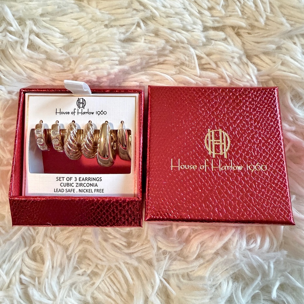 NWT House of Harlow 1960 Gold and Silver Cubic Zirconia Earrings - Picture 3 of 4
